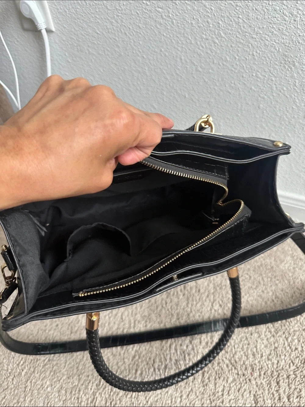 bebe Black Croc-Embossed Satchel with Gold Hardware